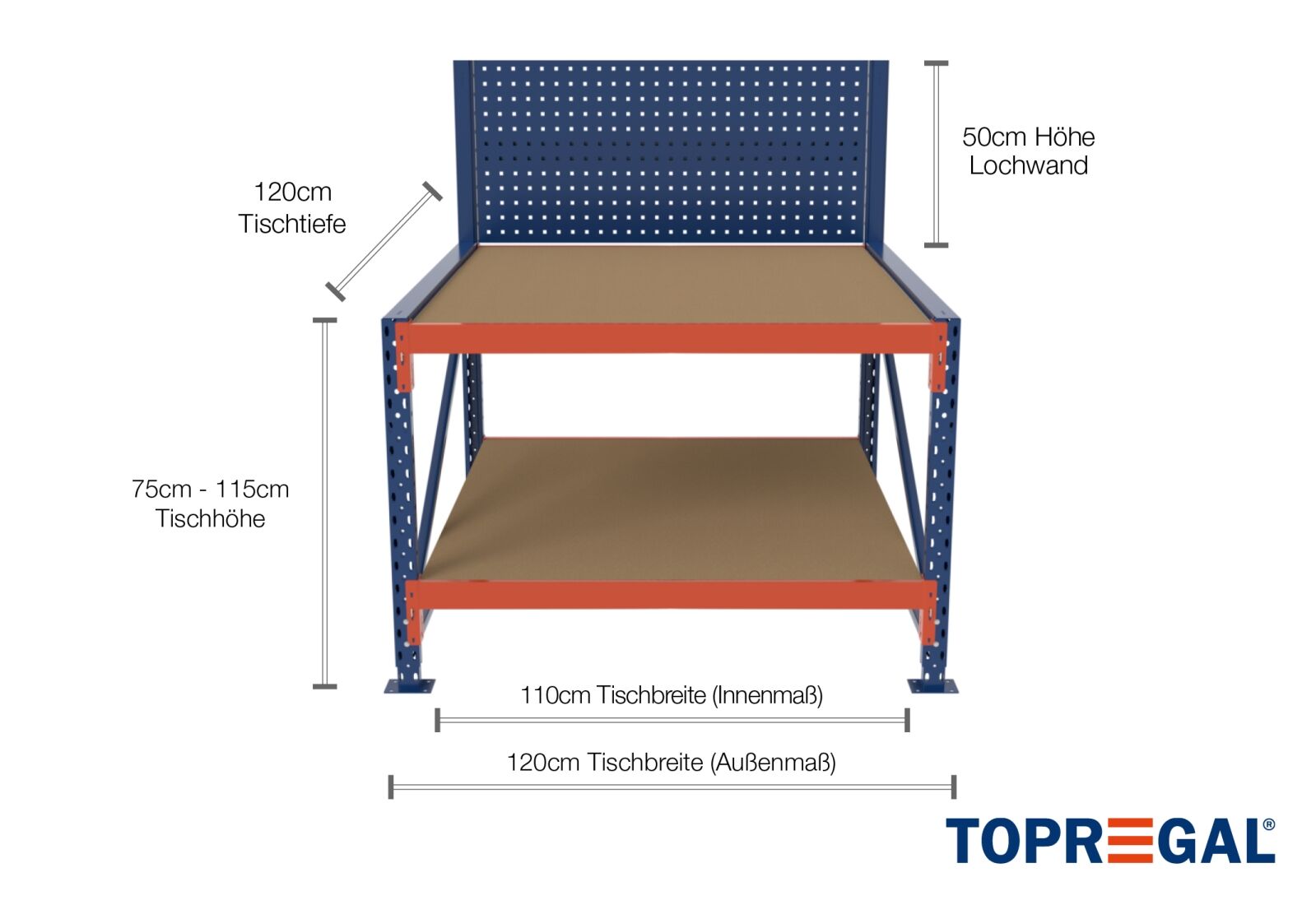 1,2 m tavolo di lavoro con tavolo di base MFW1000-AT / 120 cm profondità /  750 - 1.150 mm altezza / 2 livelli / supporto legno / parete posteriore  forata