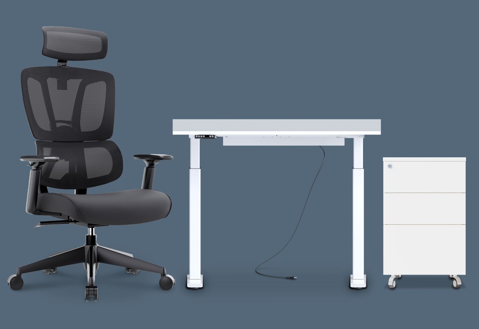 Set mobili ufficio: Sedia da ufficio LENA, scrivania regolabile in altezza  MILLA120 e piedistallo mobile FRIDA da TOPREGAL
