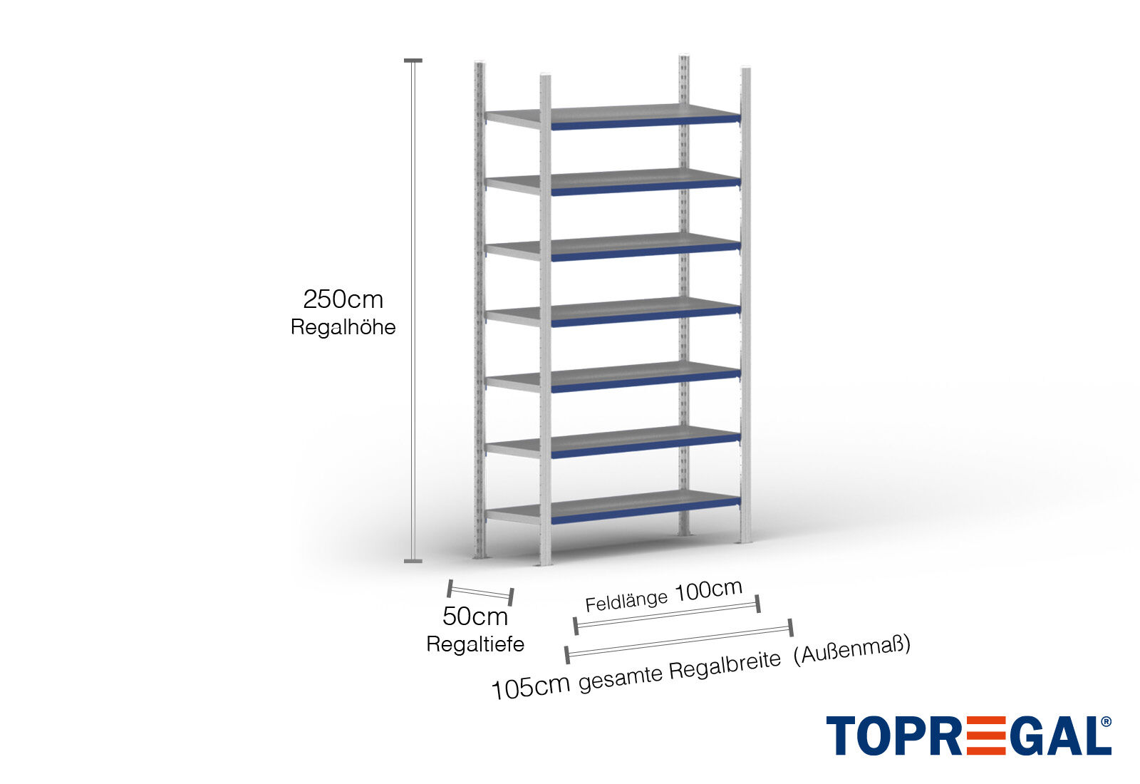 1 m scaffale a ripiani FB200 / 50 cm profondità / 2,5 m altezza / 7 livelli  / supporti acciaio / carico a scaffale 200 kg