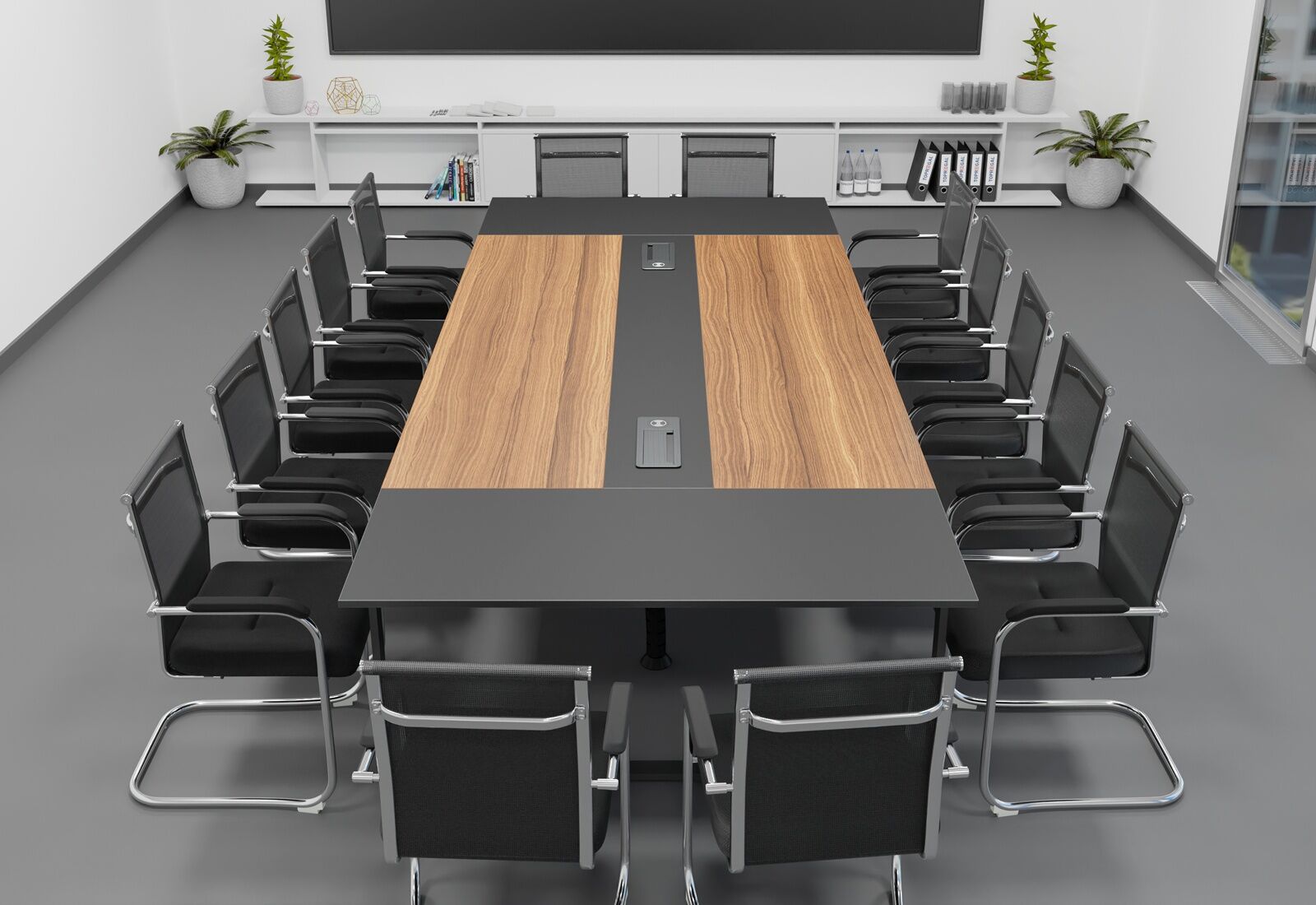Conference table set ANJA360i in grey walnut brown with induction charging station 14 chairs MARINA
