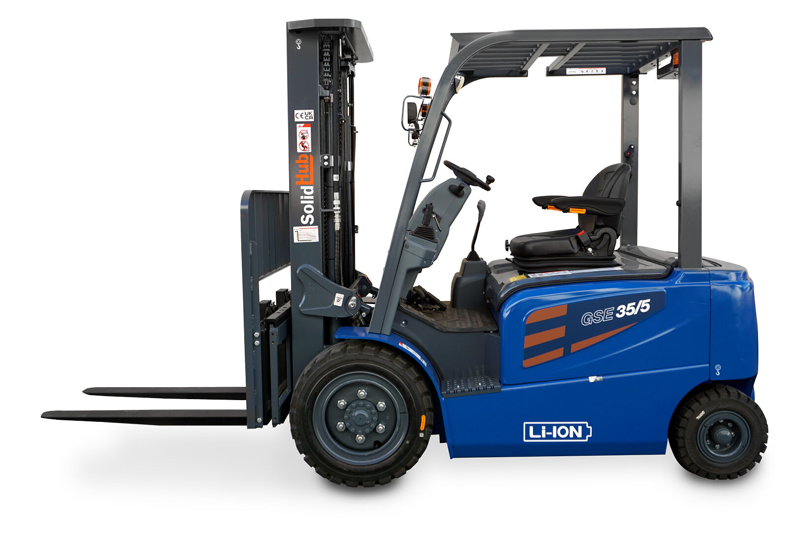 LI-ION electric forklift GSE35/5 incl. 380 V / 32 A quick charger, load  capacity 3.500 kg, SolidHub