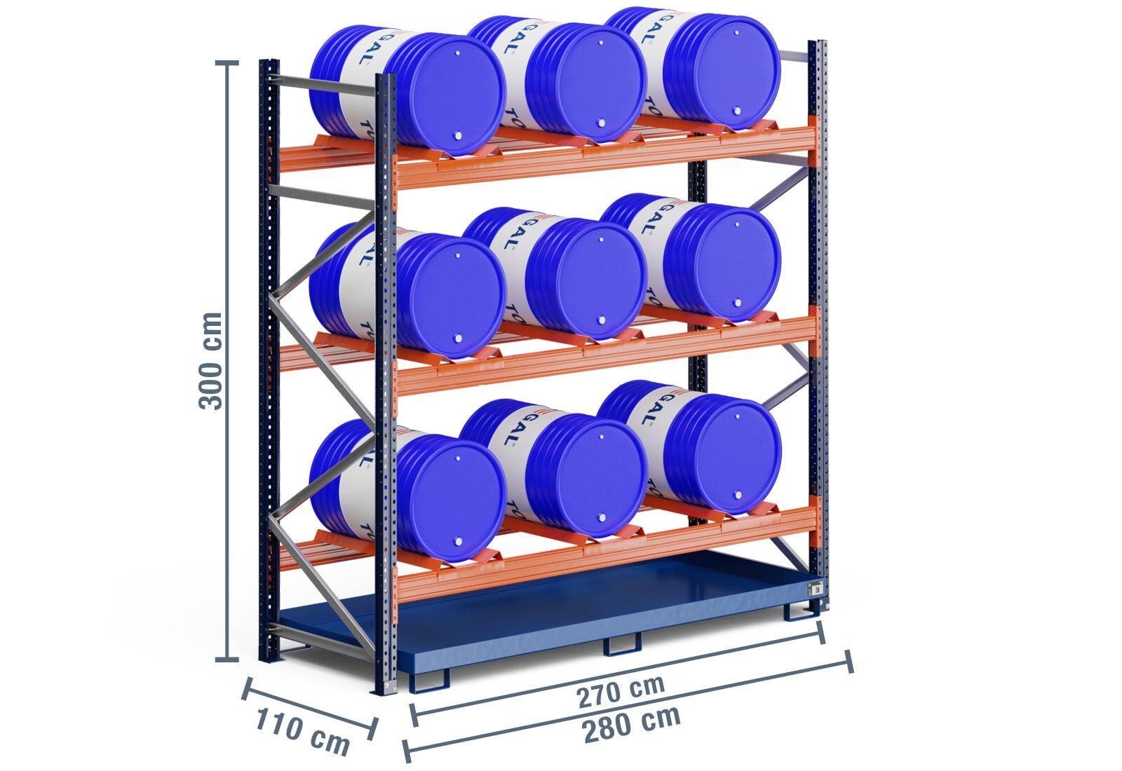 2 8 m barrel rack FSR9000 110 cm deep 3 m high 3 levels for 9 barrels