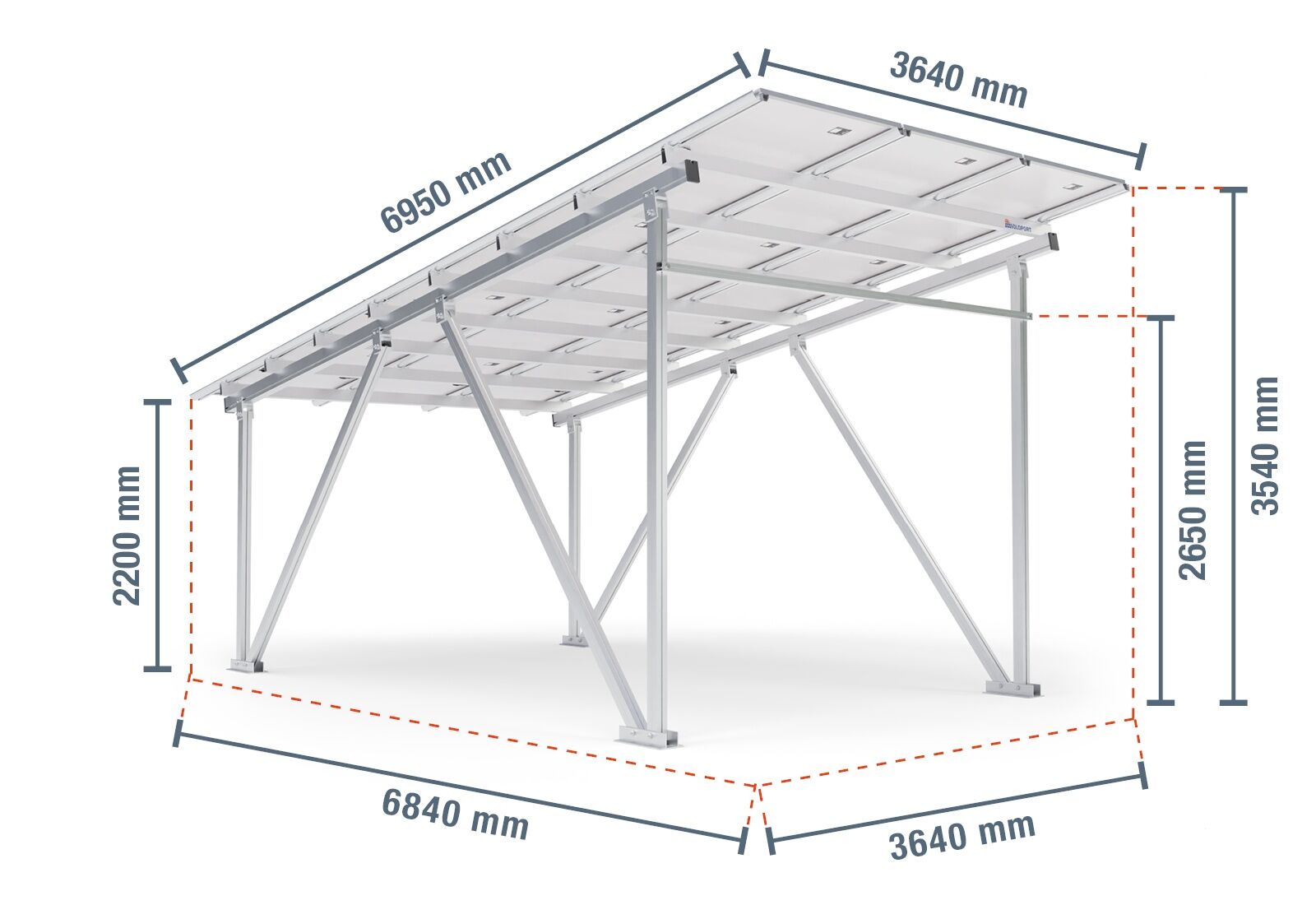 Structure d'abri solaire SPG5 avec 12 panneaux solaires et gouttière,  aluminium, Hauteur de passage 2.200 mm, SoloPort