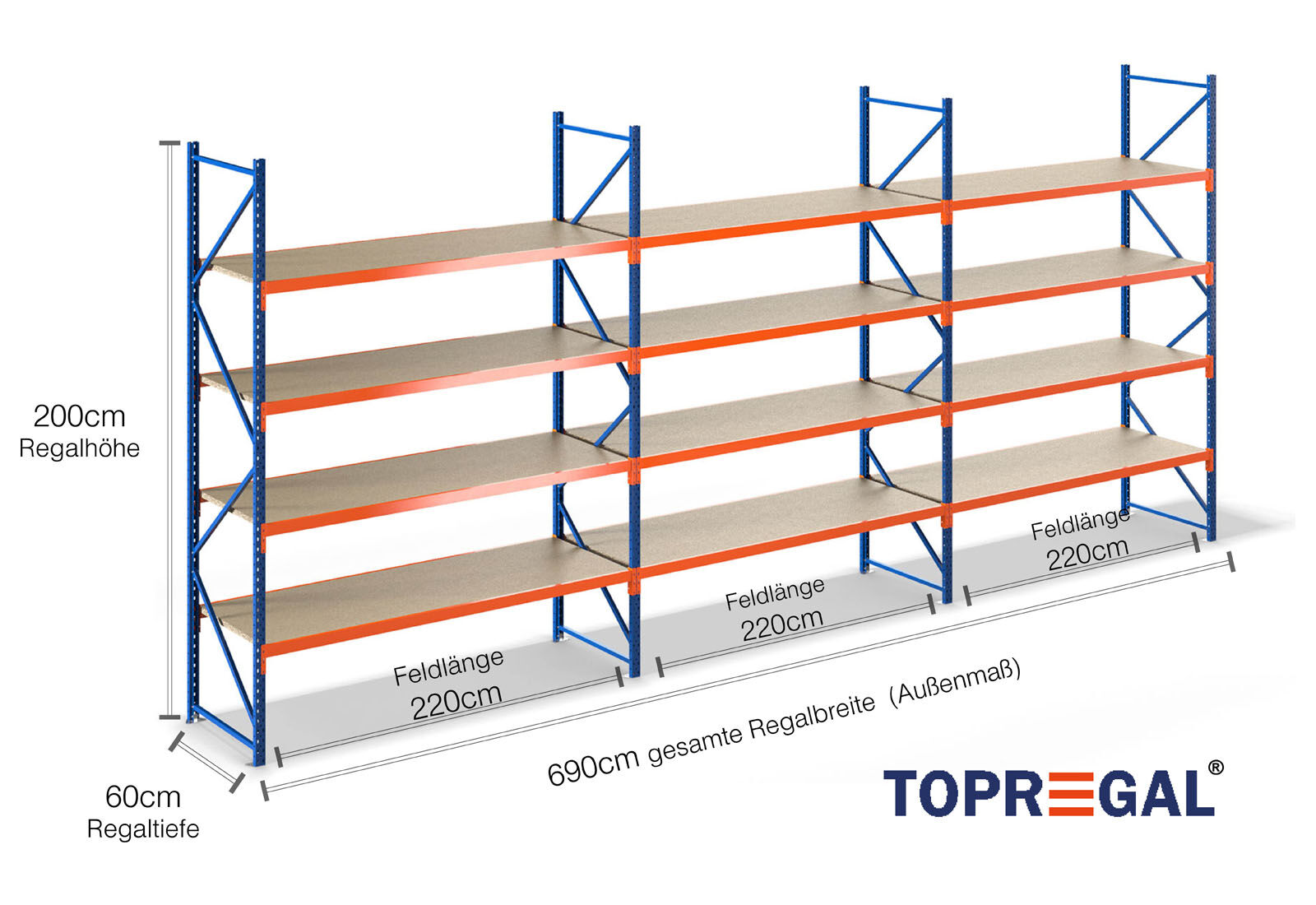 6,9 m rack de stockage LR2000 / profondeur 60 cm / hauteur 2 m / 4 niveaux  / platelage bois